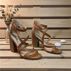 Beige/caramel strappy block heel sandals from SHEIN